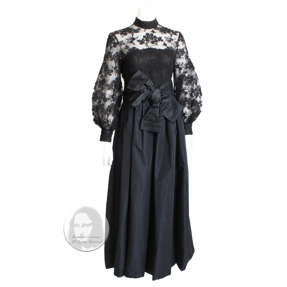Ronald Amey Evening Gown Black Lace and Silk Taffeta Formal Dress Vintage 70s